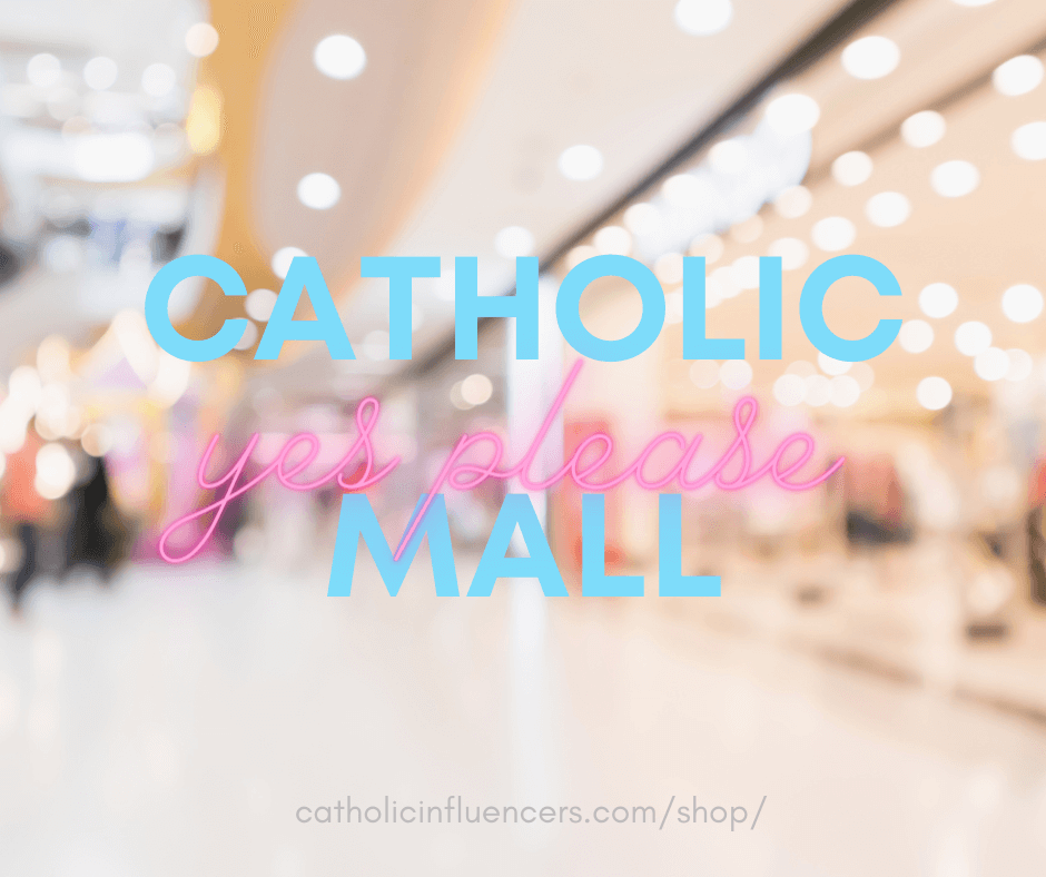 Indoor mall in background - text says "Catholic Mall yes please" links to catholic shop page on catholicinfluencers website