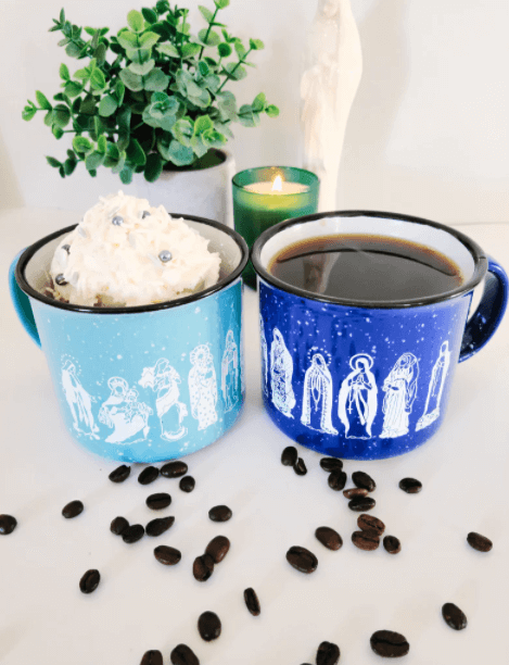 Catholic blue campfire style mugs