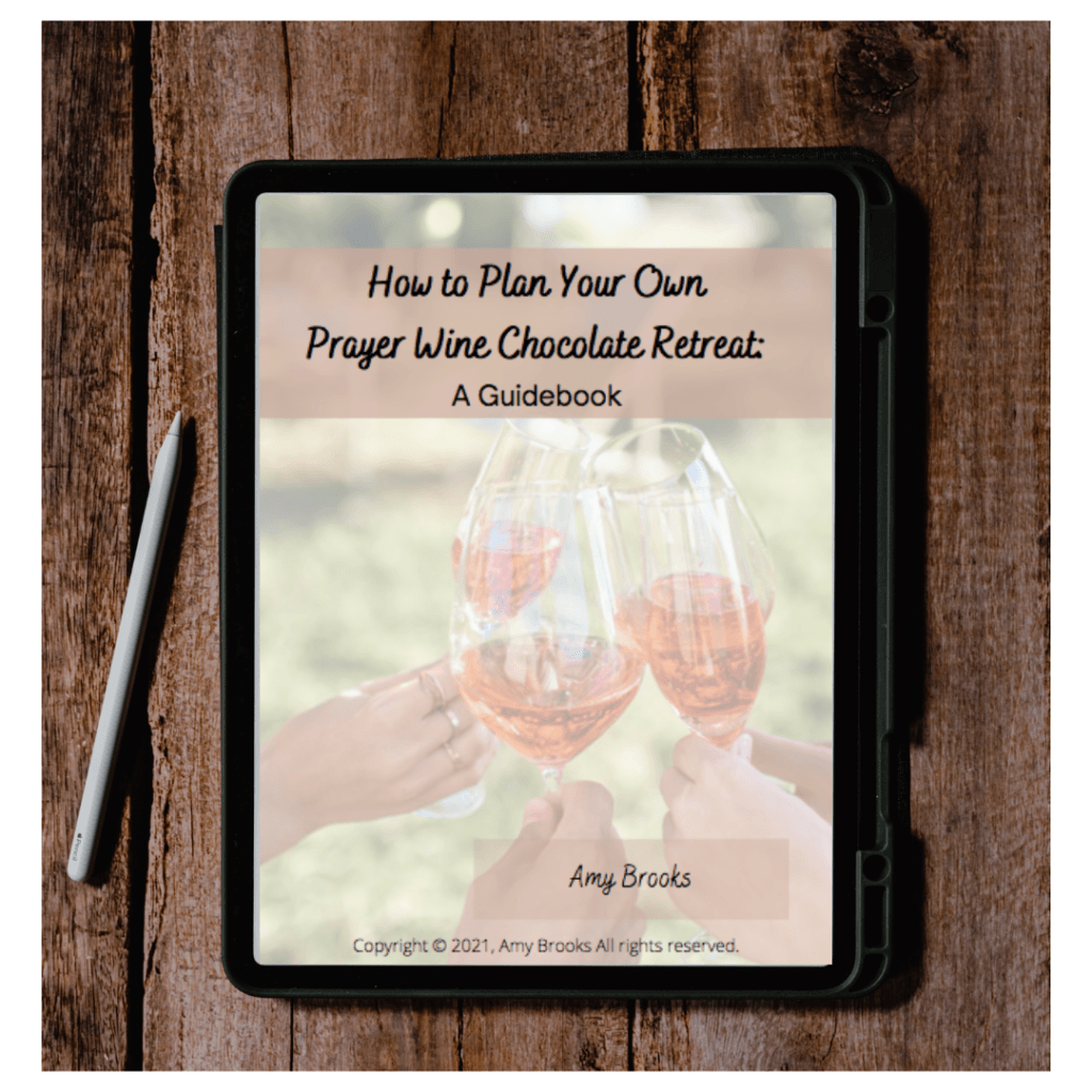 A computer tablet showing the How to Plan Your own Prayer Wine Chocolate Retreat guide cover.