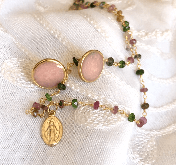 Beaded Miraculous Medal necklace and simple pink earrings