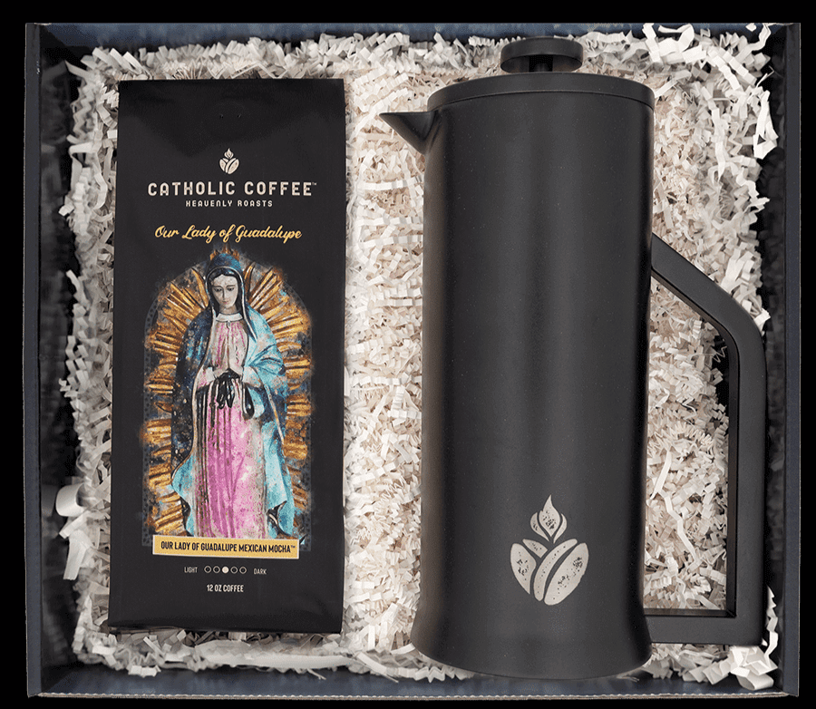 Bag of Coffee with Our Lady of Guadalupe one the front; a French Press with the Catholic Coffee Logo (Sacred Heart of Jesus) gift set
