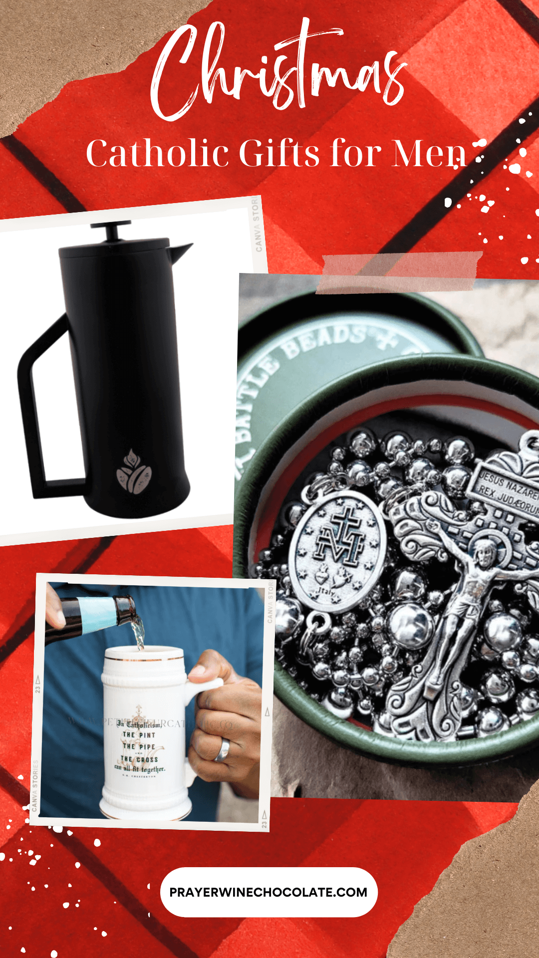 States: Christmas: Catholic Gifts for Men and has 3 of the gifts in the post pictured (a French Press, Rosary beads and a beer stein mug)
