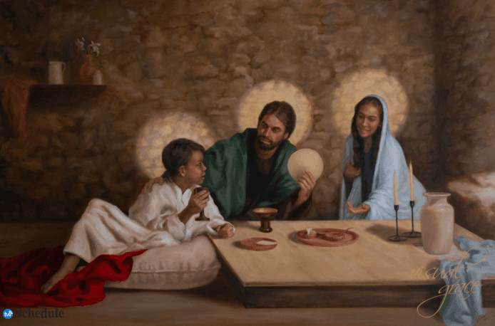 The Holy Family.  St. Joseph is teaching Jesus about the Passover.
