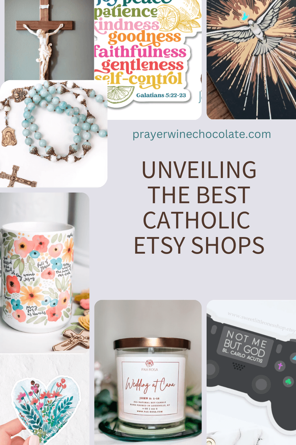collage of Catholic gifts from Etsy Pinterest image