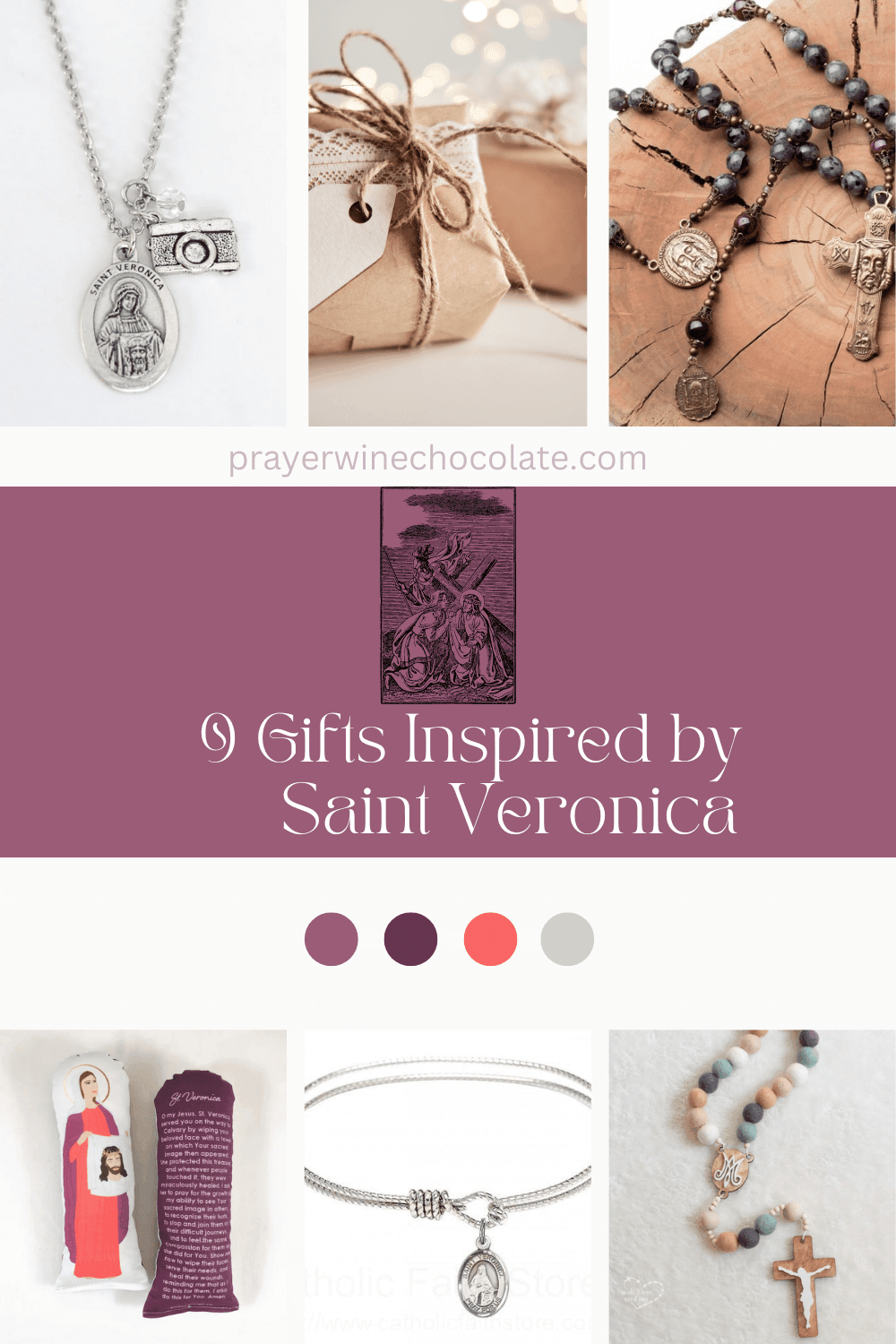 Pinterest graphic, shows some of the gifts listed in this post and has the title of the post "9 Gifts Inspired by Saint Veronica"